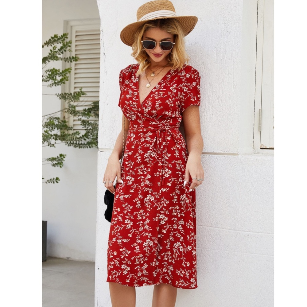 Red Floral Wrap Midi Dress - Picture 2 of 16